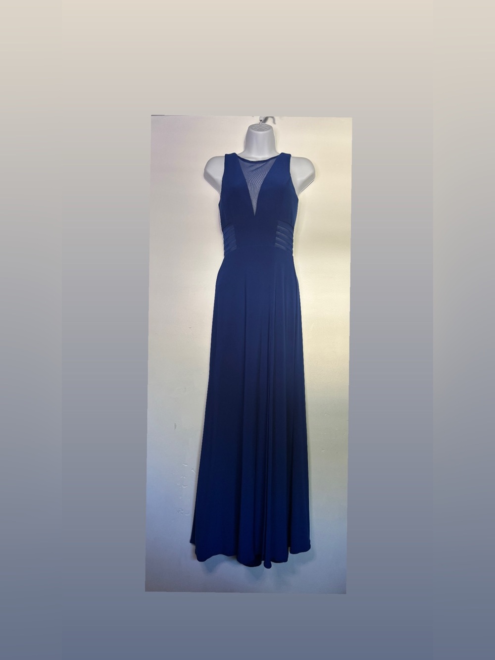 Morgan & Co. Royal Blue Mesh Illusion V-Neck Maxi Dress Size 3